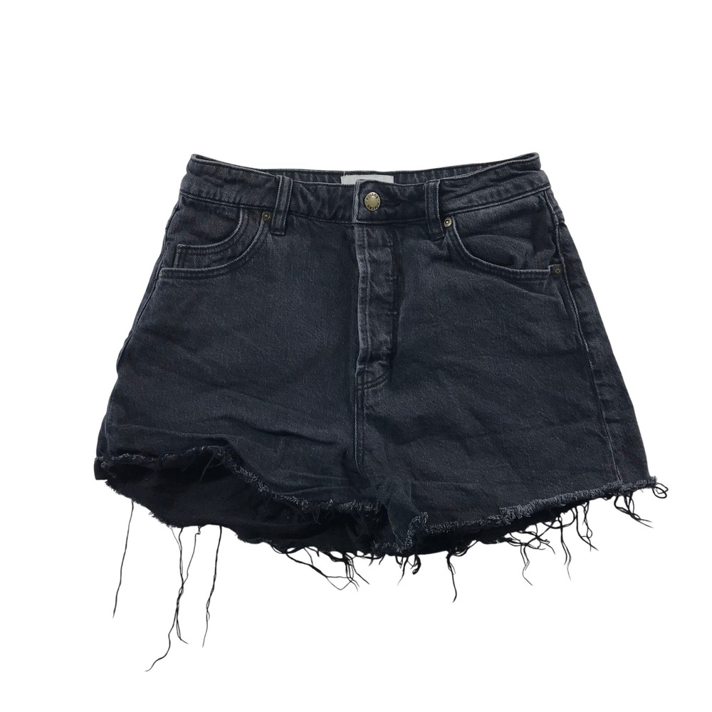 Rollas High Rise Distressed Denim Shorts Faded Black Size 27 Raw Hem Button Fly